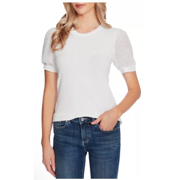 CeCe Essentials Size XS Stretchy White Blouse Sheer Short Sleeves NWT - Picture 1 of 12